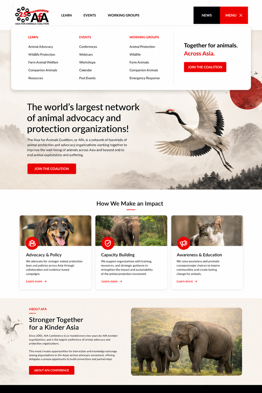 Asia for Animals expanded navigation menu showing Learn, Events and Working Groups.