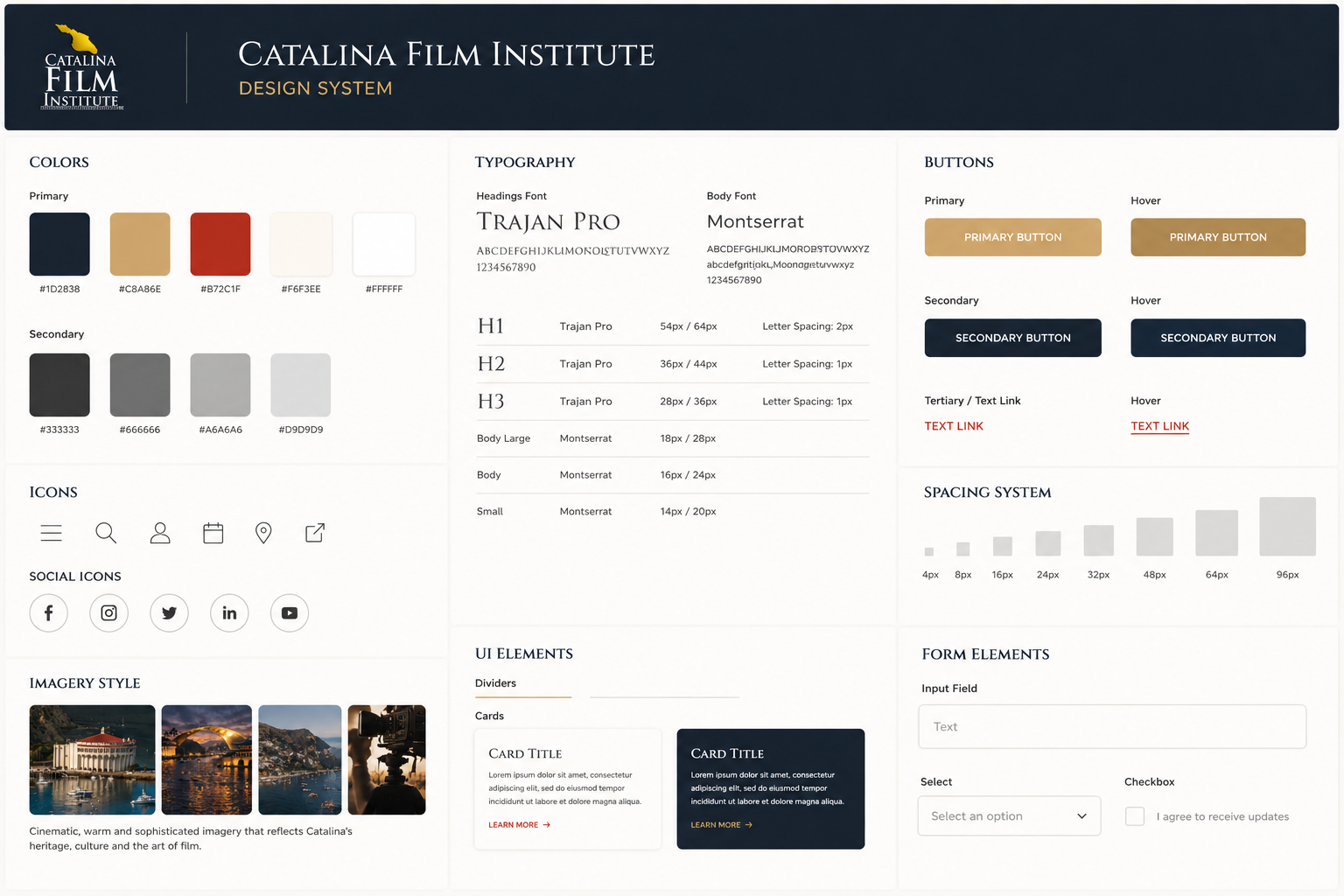 Catalina Film Institute design system showing colours, typography, buttons, icons, spacing and UI elements.