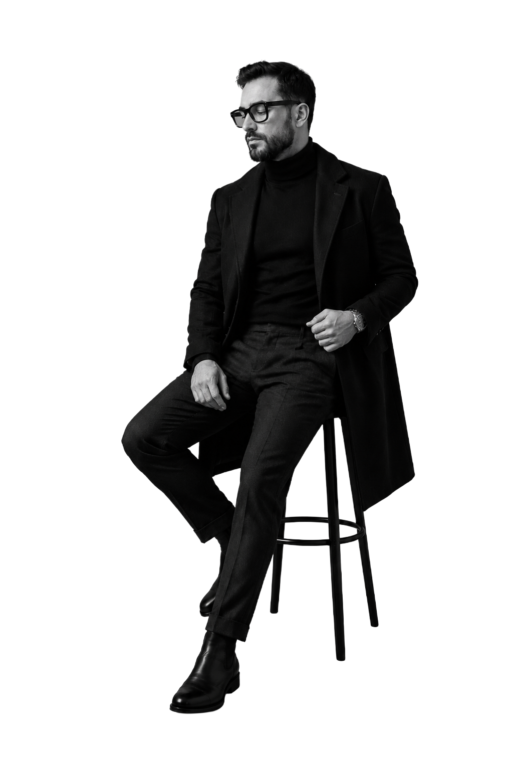 Black and white cutout portrait of Samuele Lai seated.